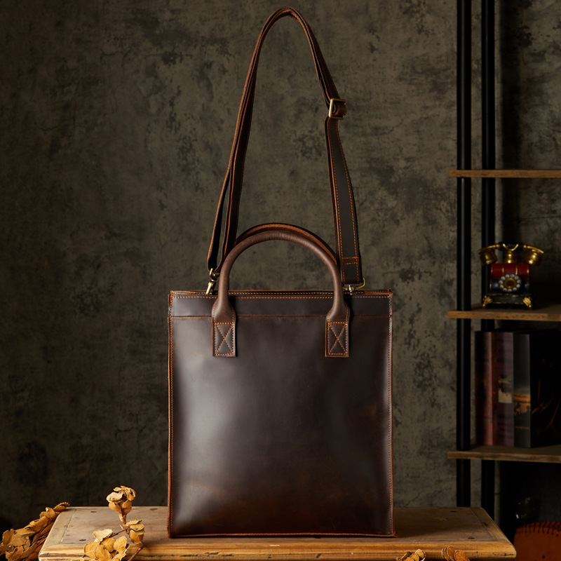 手工頭層牛皮商務通勤手提包男士單肩斜挎包復古瘋馬皮豎款公文包