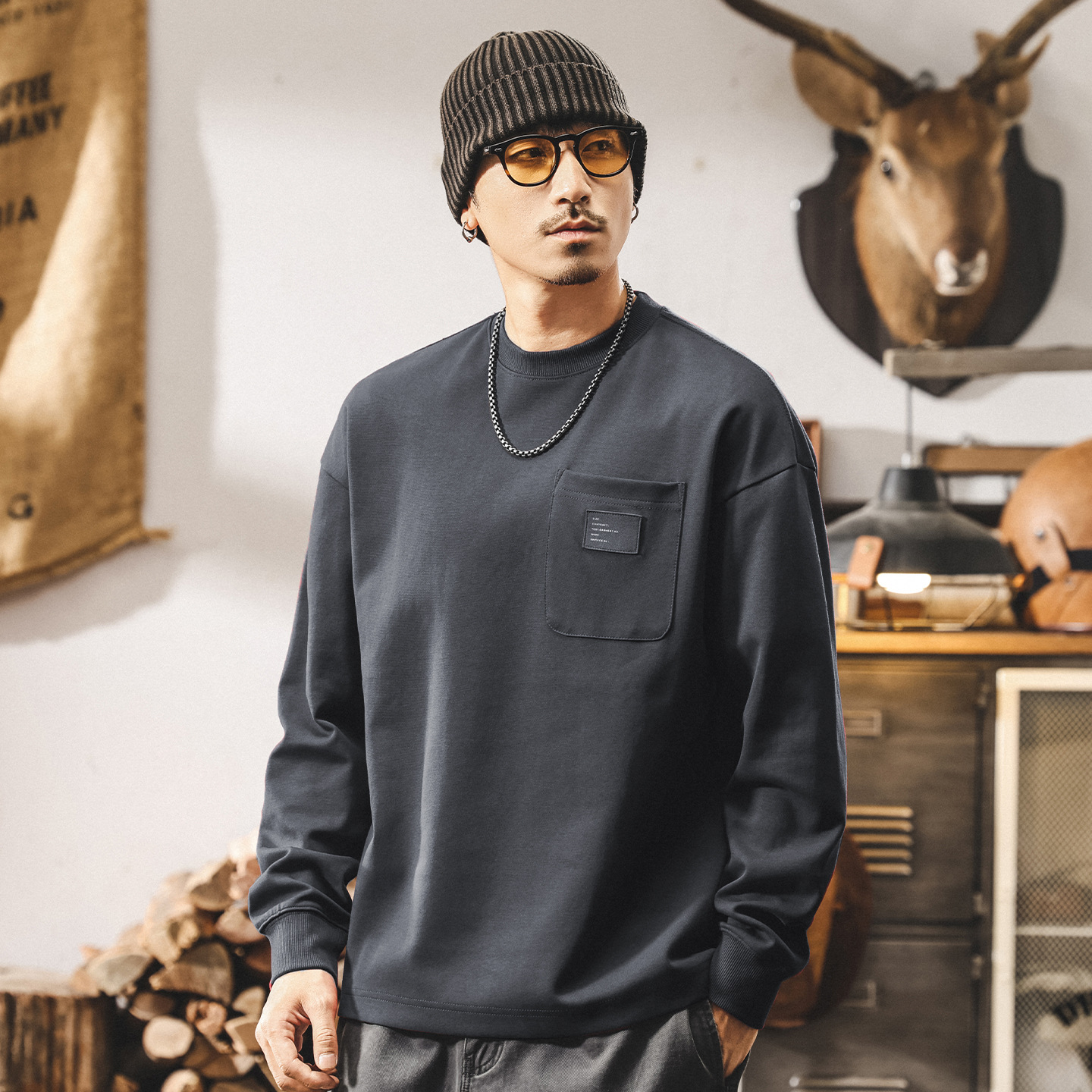 美式復古重磅衛衣男春秋2025新款長袖t恤男秋季寬鬆大碼潮流上衣T