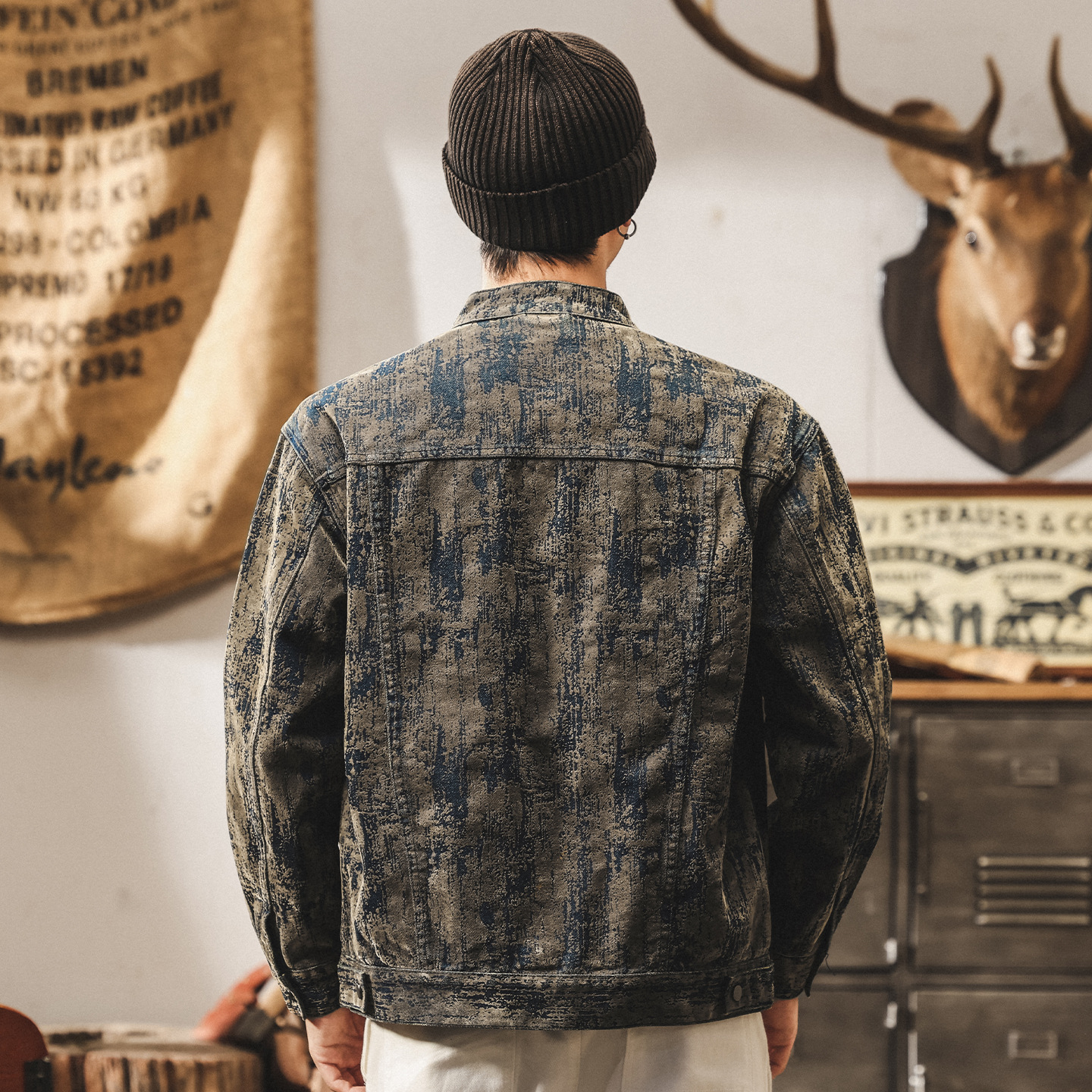 美式復古廢土風髒髒植絨牛仔外套男春秋潮流痞帥潮牌休閒男士夾克