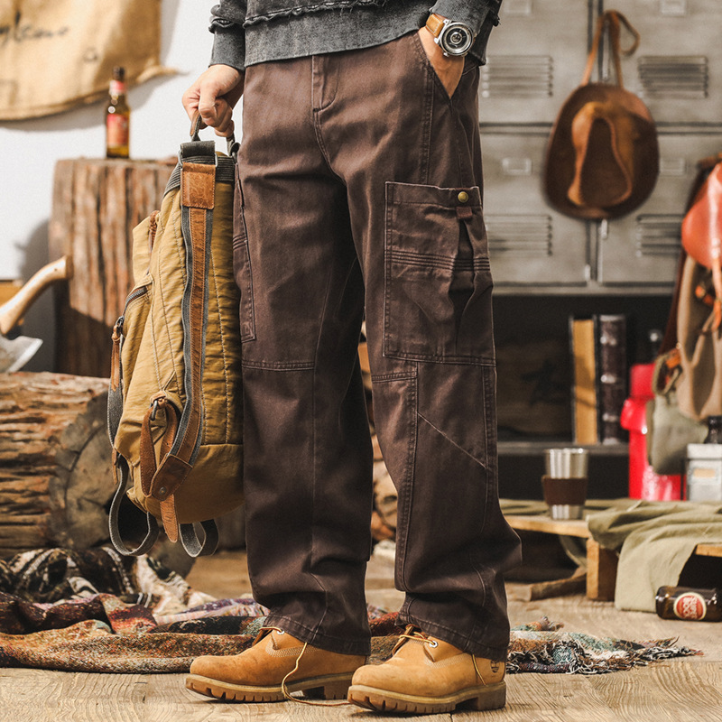 美式復古工裝褲子男秋季潮牌寬鬆闊腿褲水洗多口袋男士休閒直筒褲