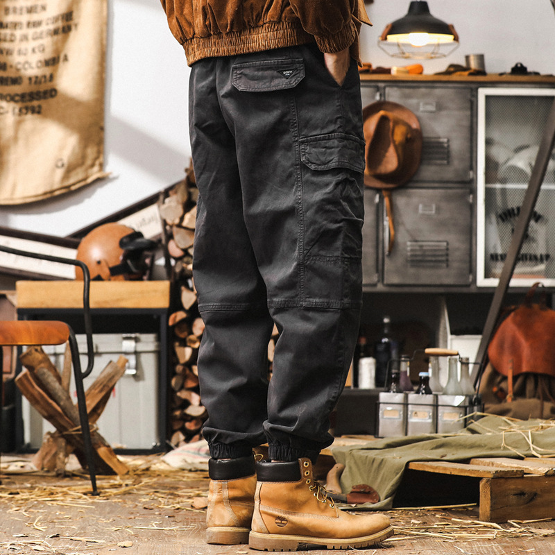 美式復古重磅工裝褲子男秋季戶外機能多口袋傘兵褲寬鬆休閒束腳褲