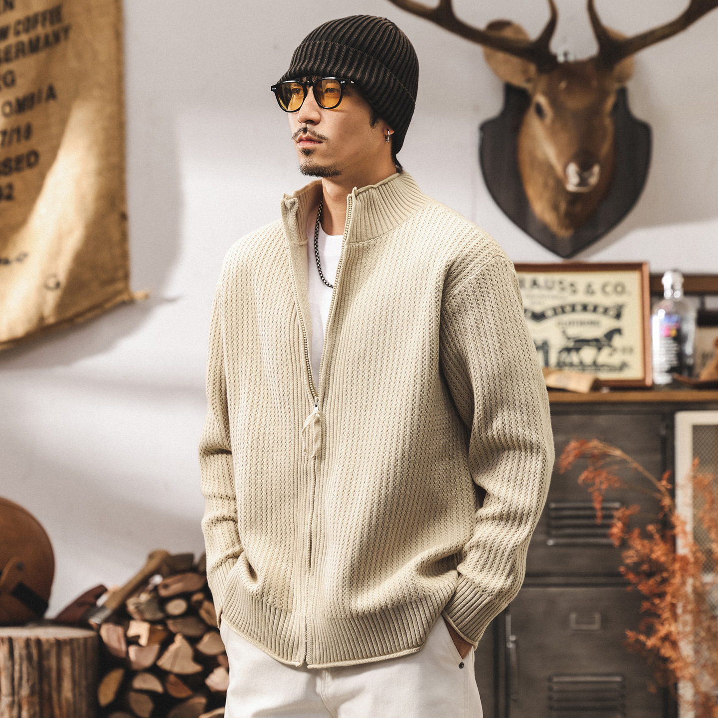 美式復古7針重磅開衫毛衣男春秋新款慵懶風立領針織衫外套男秋冬