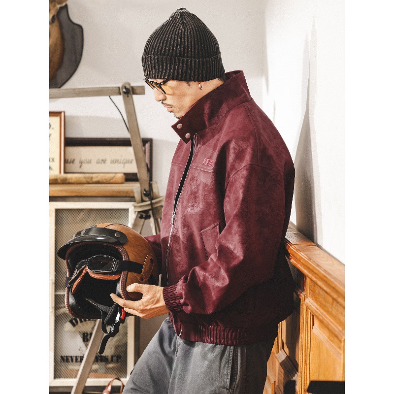 美式復古扎染斑駁做舊皮衣外套男春秋新款潮流痞帥機車寬鬆皮夾克