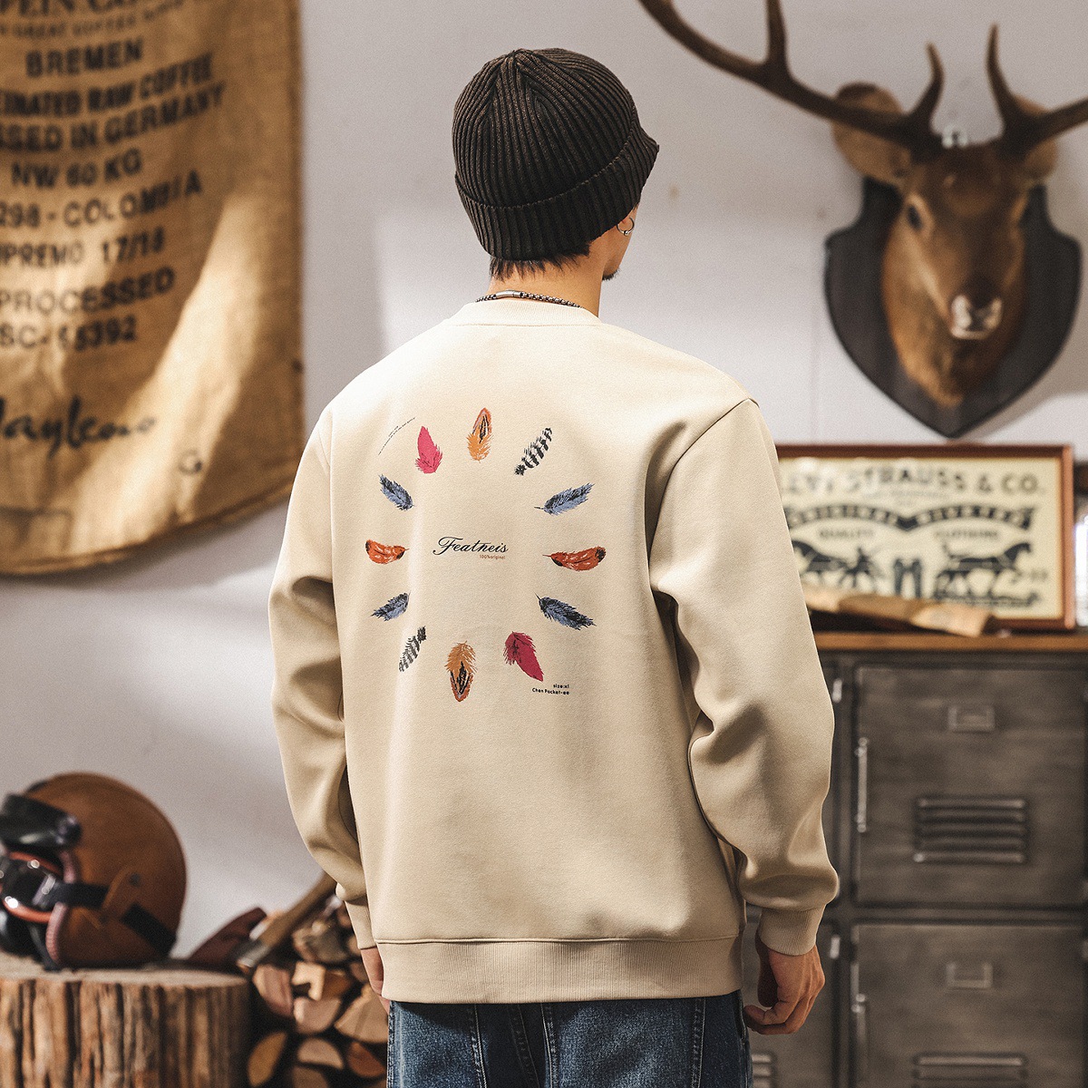 美式復古360g重磅男士秋季衛衣2025新款潮流印花寬鬆長袖圓領上衣