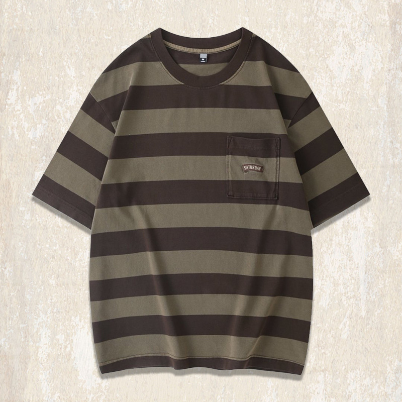 32支雙紗做舊炒砂水洗條紋短袖男T恤夏季美式復古潮流休閒上衣男T