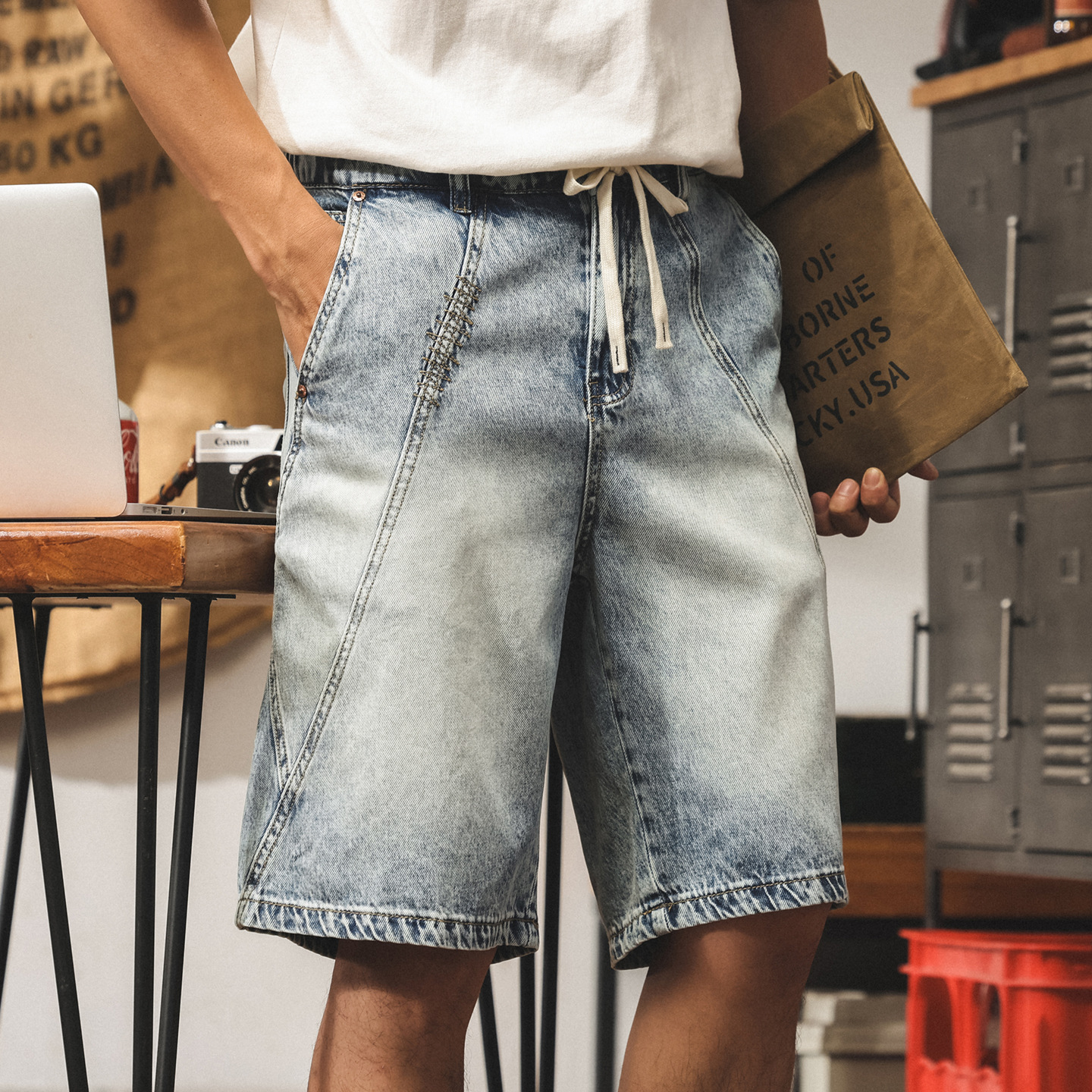 萊賽爾天絲牛仔短褲男潮牌寬鬆直筒五分褲休閒百搭拼接設計感中褲