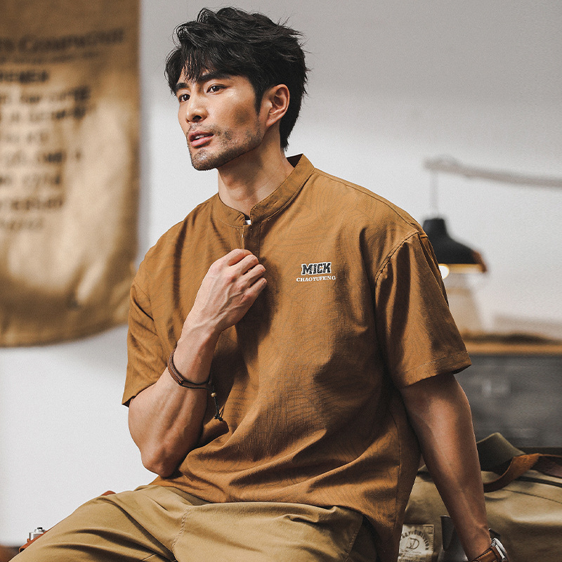 杰雷諾美式復古polo衫短袖男士夏季立領條紋寬鬆潮牌T恤上衣男裝T