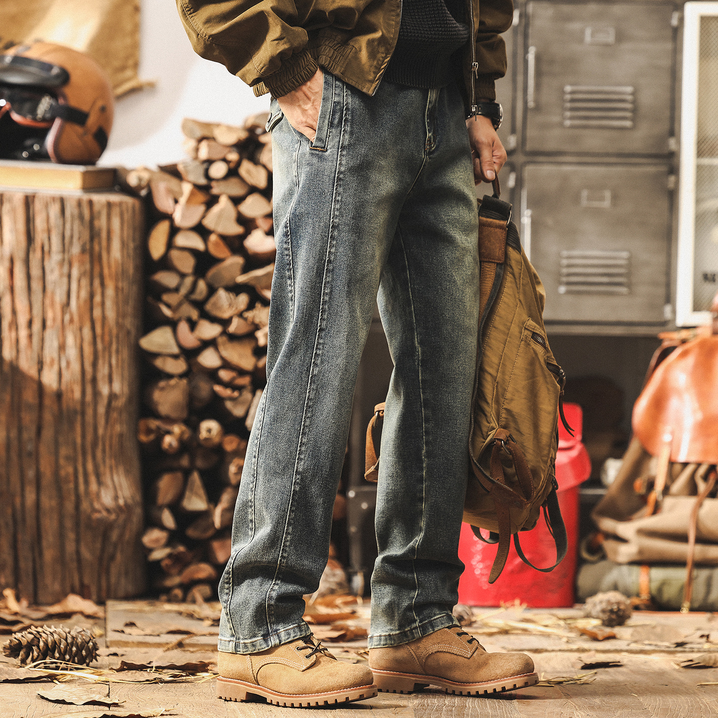 美式復古結構水洗牛仔褲男款寬鬆直筒2025新款秋季潮牌男士休閒褲