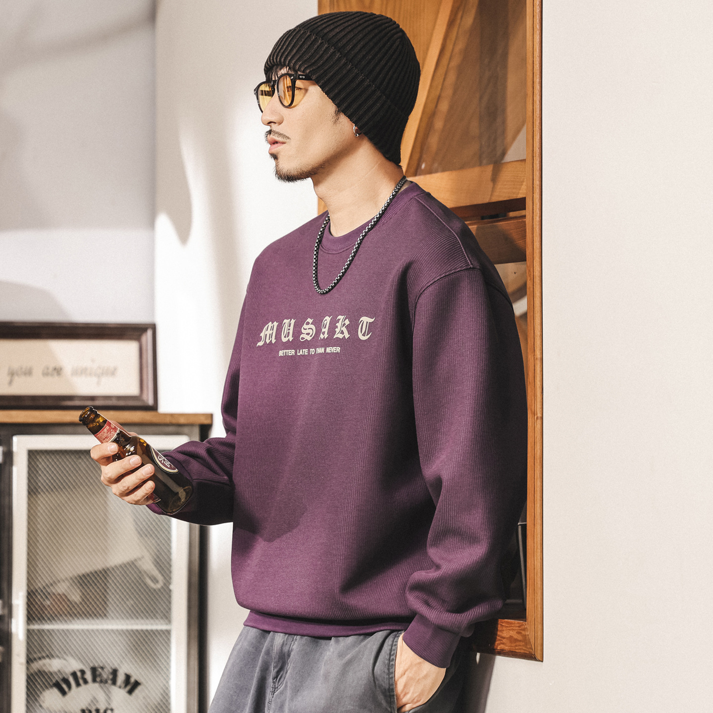 美式復古重磅衛衣男春秋新款潮流印花上衣寬鬆休閒紫色長袖男t恤