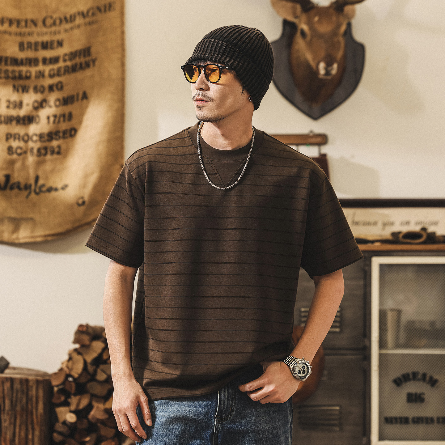 美式復古蘇陵棉短袖T恤男士夏季新款老錢風320g重磅條紋寬鬆上衣