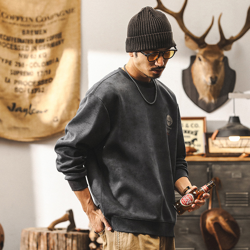 美式復古360g重磅圓領衛衣男春秋款潮牌寬鬆上衣男士印花體恤男款