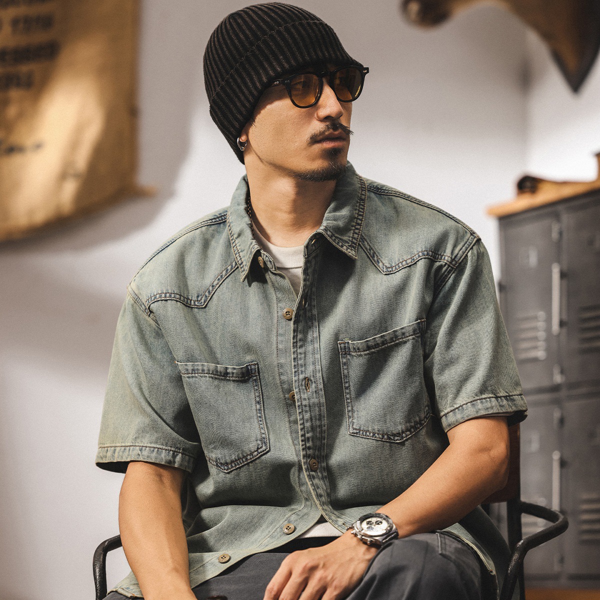 萊賽爾天絲黃泥藍復古牛仔襯衫男夏季新款寬鬆短袖襯衣男薄款外套