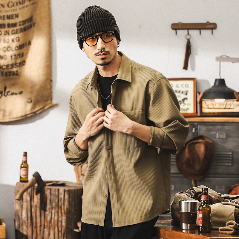 美式復古高級感條紋肌理工裝襯衫男長袖2024新款寬鬆秋季襯衣外套