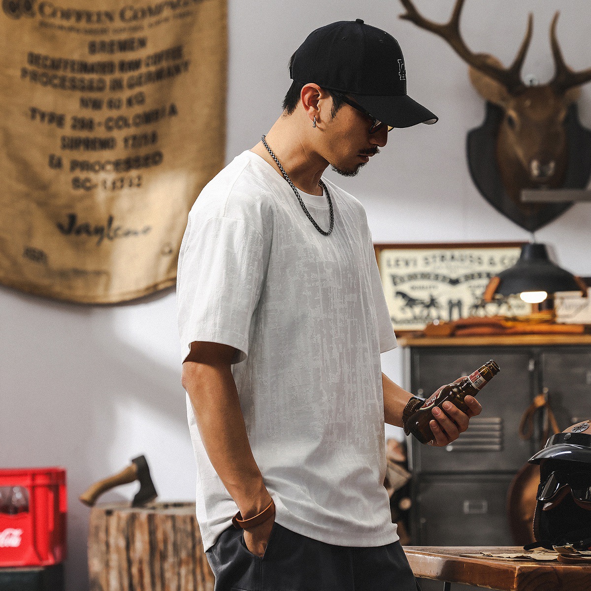 美式復古肌理感提花短袖T恤男夏季2025新款潮流高級感休閒上衣男