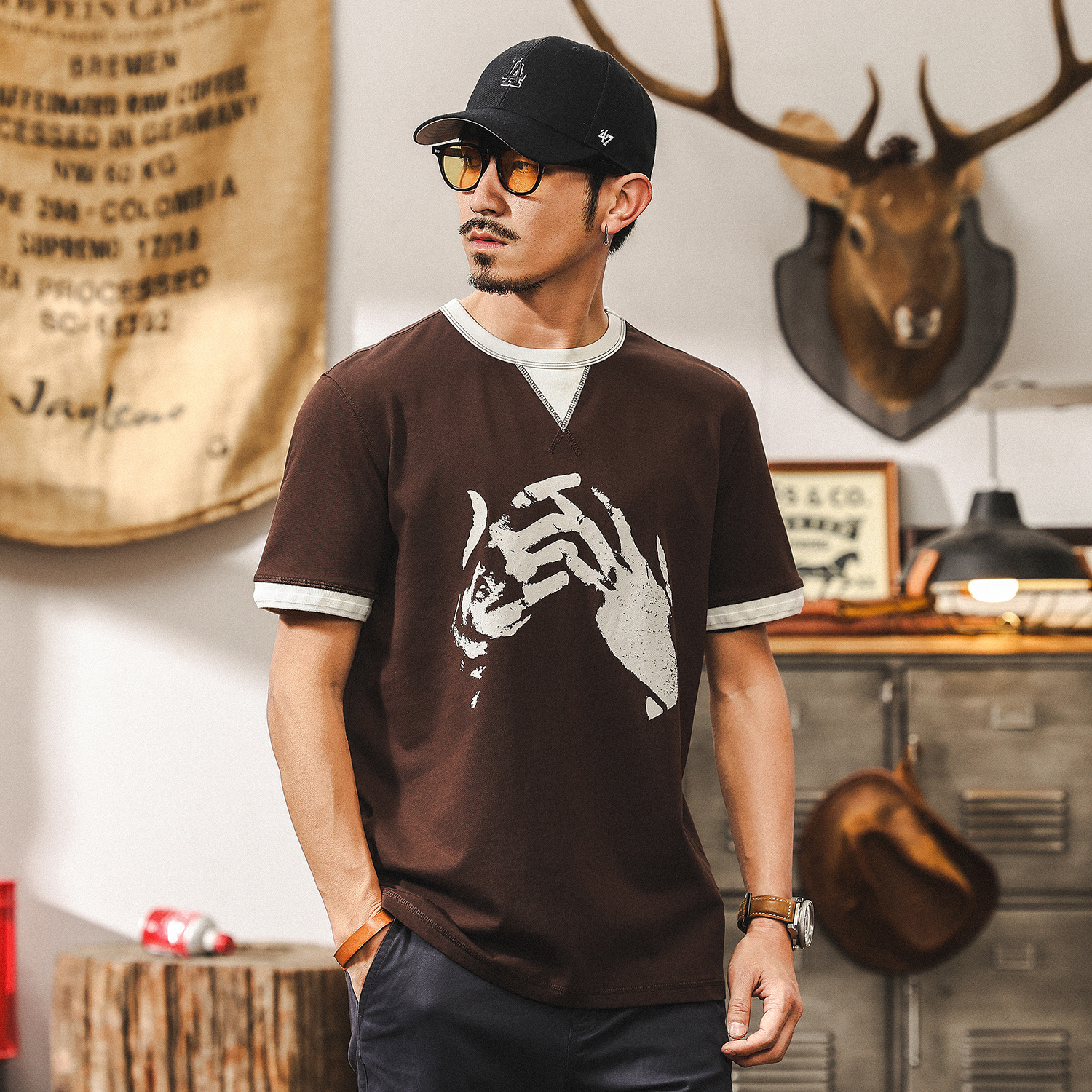 美式復古假兩件重磅T恤男短袖2025新款夏季寬鬆男士上衣衣服