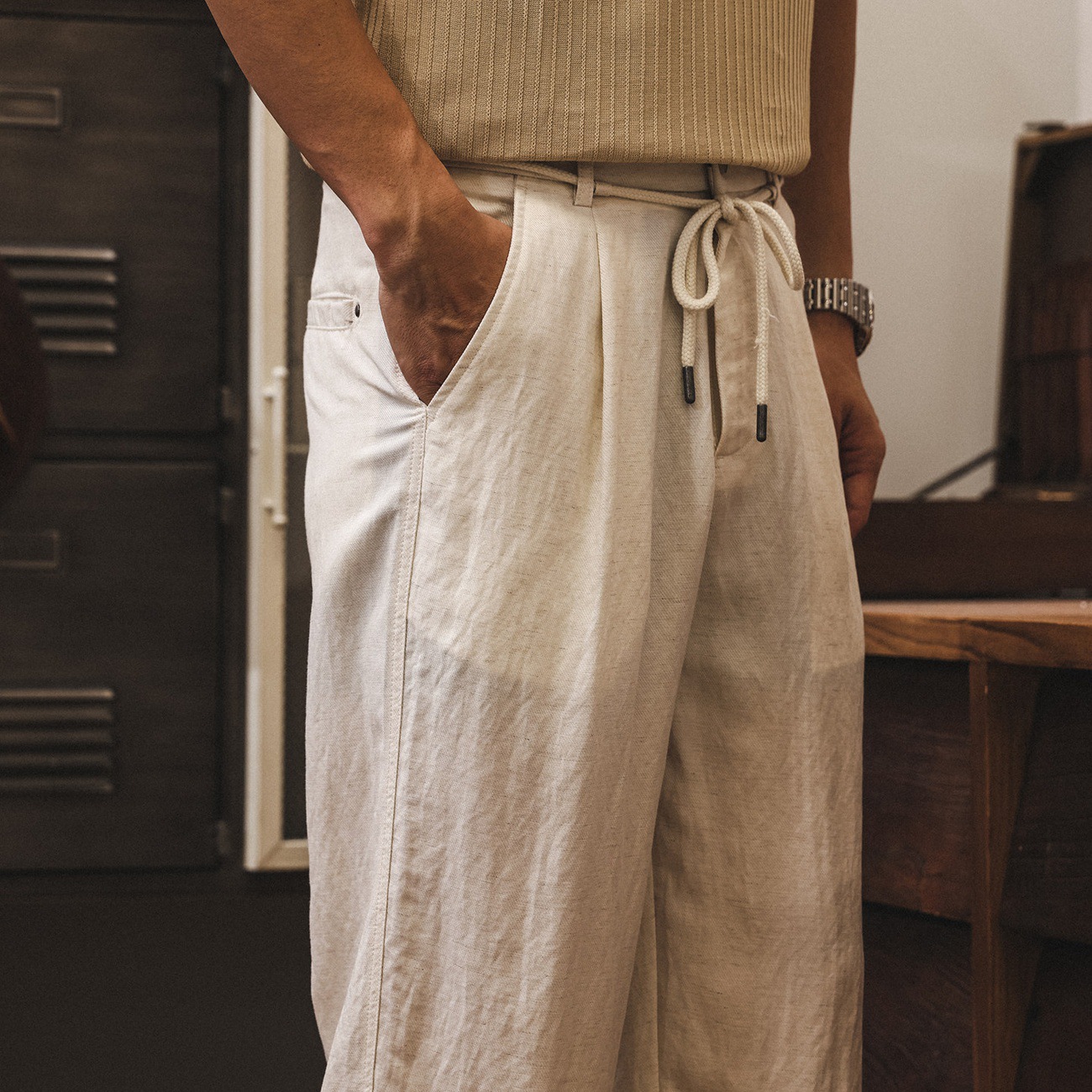 萊賽爾復古亞麻莫瑞老錢風褲子男夏季潮牌超薄款鬆弛感休閒直筒褲