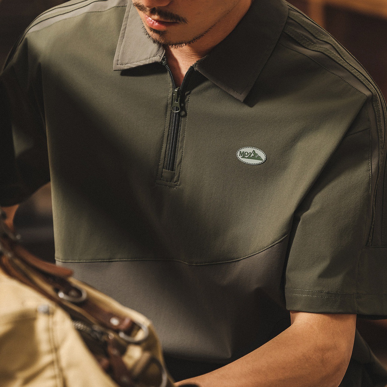 山系戶外美式復古短袖Polo衫男夏季薄款潮牌寬鬆T恤男半拉鍊上衣T