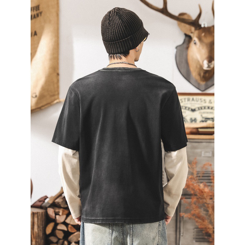 美式復古假兩件長袖t恤男款秋季高街潮牌水洗磨破做舊寬鬆上衣男T