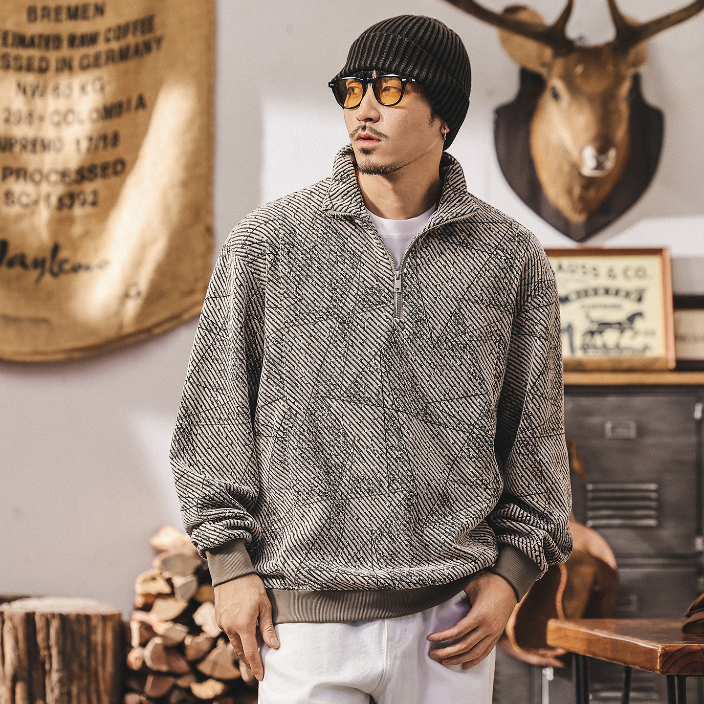 美式復古330g重磅半拉鏈男士衛衣春秋2025新款潮流提花寬鬆上衣男