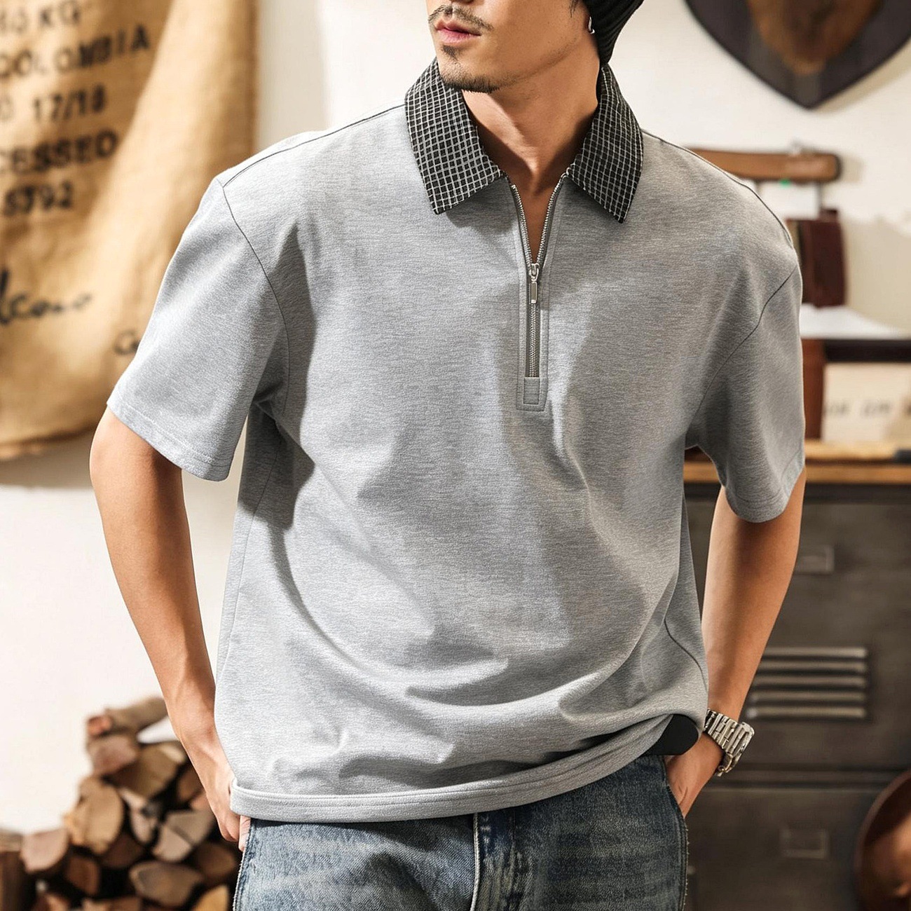 美式復古半拉鍊短袖POLO衫男夏季潮流拼接格紋T恤寬鬆休閒上衣男T