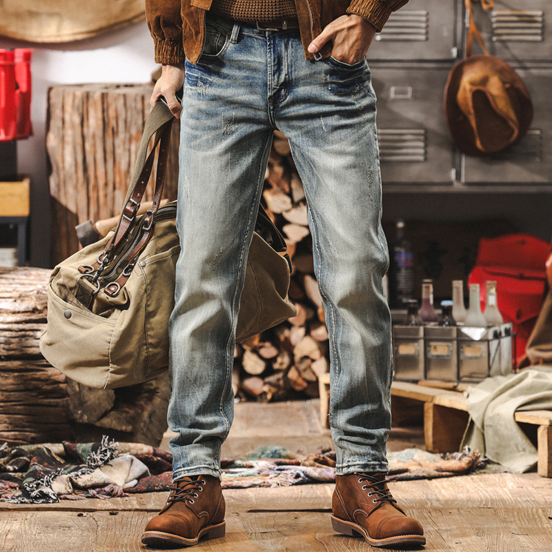 美式復古經典做舊水洗牛仔褲男秋季新款男士休閒褲修身機車長褲潮