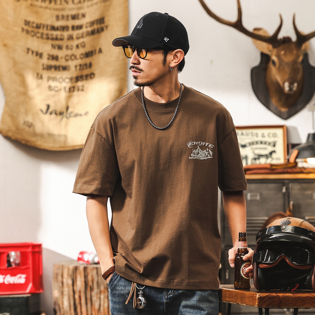 零縮力涼感T恤男短袖夏季美式復古山系印花休閒大碼美式重磅上衣