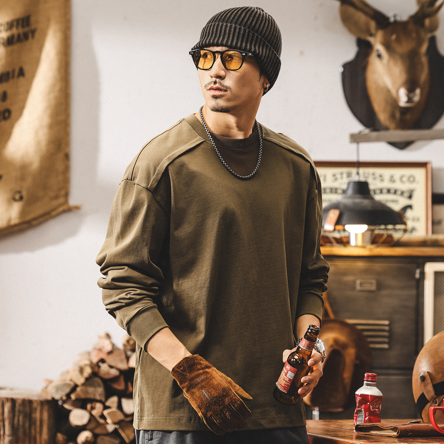 美式復古重磅長袖t恤男秋季新款設計感潮流拼接寬鬆休閒男士上衣