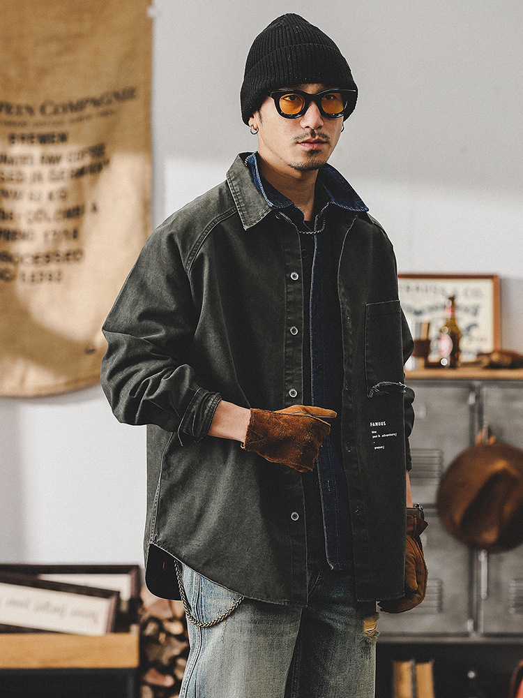 復古洗褪工裝襯衫男長袖寬鬆硬漢獵裝教練夾克外套男春季
