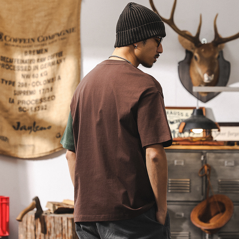 250g重磅T恤男美式復古2025新款潮流拼色短袖男夏季寬鬆男士上衣T