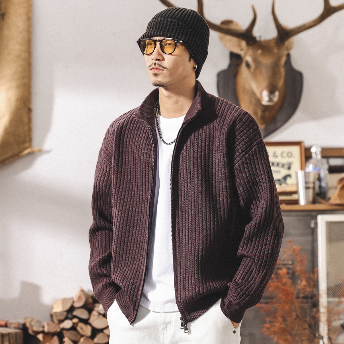 美式重磅復古紫色半高領開衫毛衣男秋冬潮牌寬鬆針織衫外套男春秋