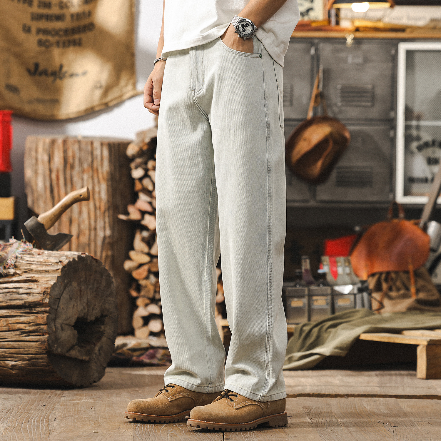 美式復古淺色牛仔褲男直筒夏季2025新款潮牌褲子男寬鬆休閒長褲子