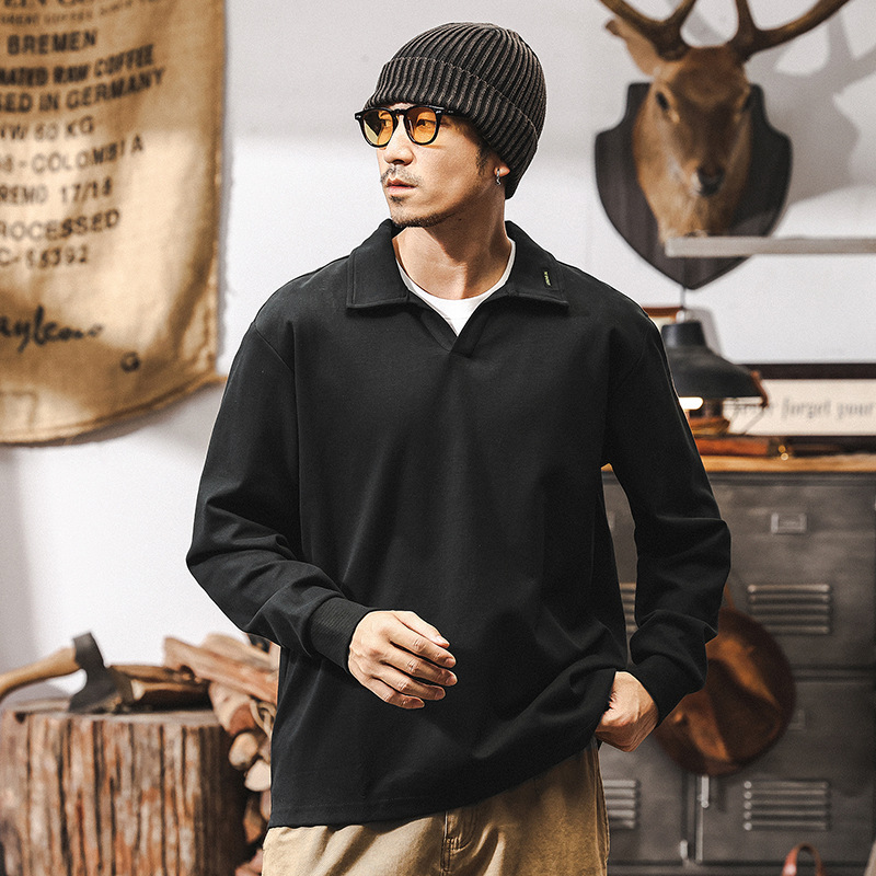 男士POLO衫春季2025新款潮牌美式復古寬鬆280g重磅T恤男長袖上衣