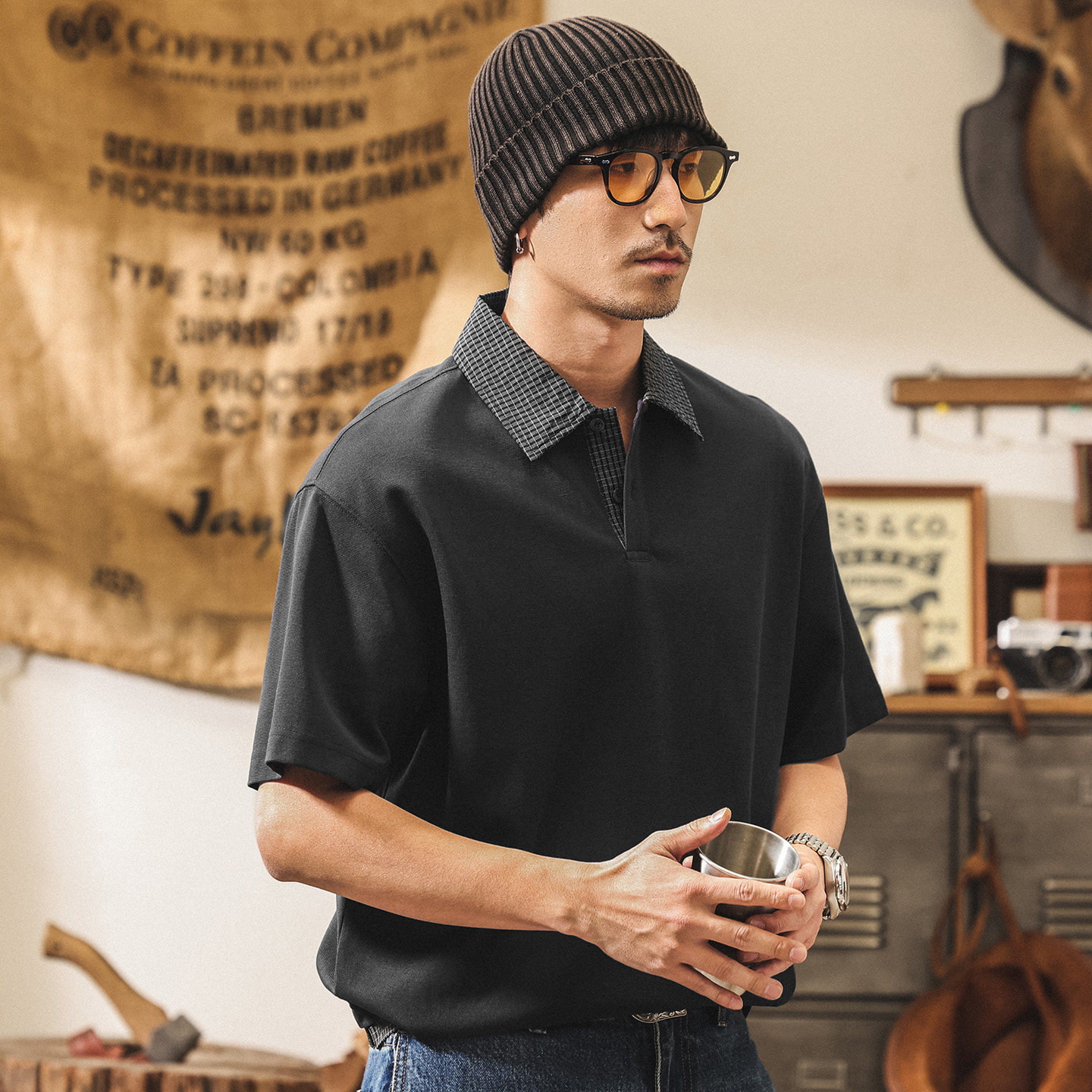 美式復古假兩件拼接短袖Polo衫男款春季潮牌襯衫領寬鬆半袖T恤男