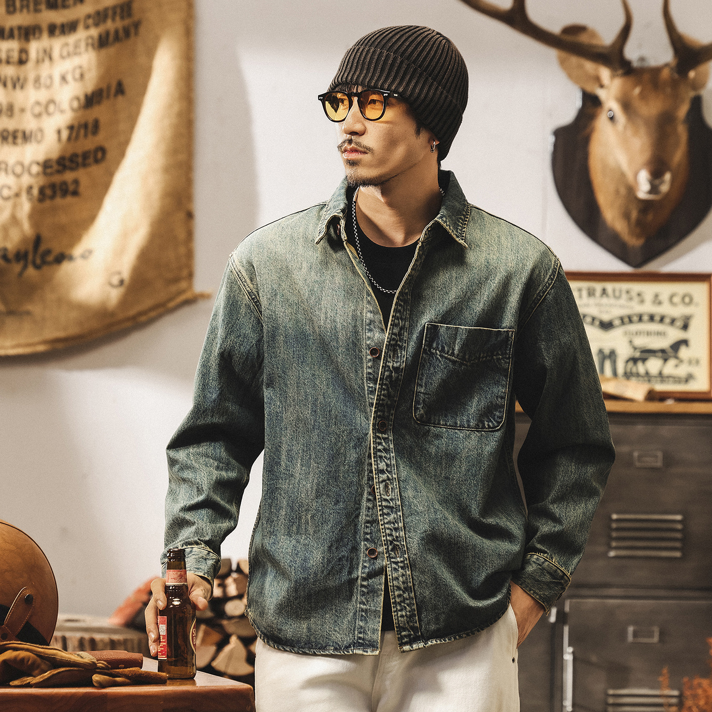 美式懷舊復古水洗牛仔襯衫男秋季新款潮流長袖襯衣男春秋寬鬆外套