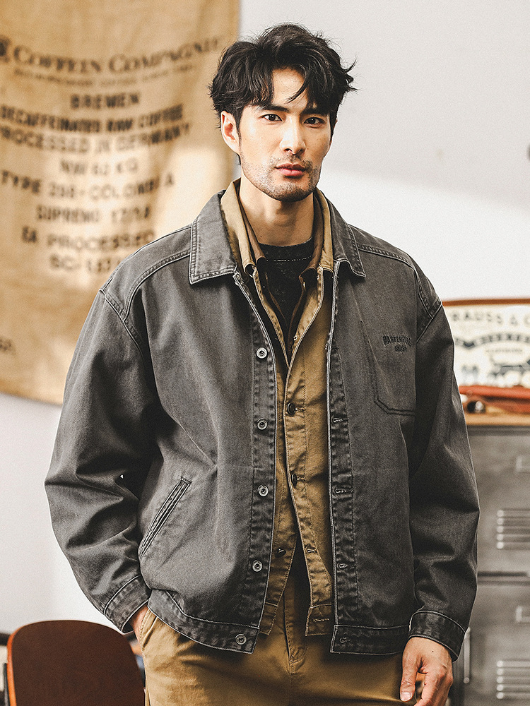 美式復古重磅牛仔外套男秋季2024新款寬鬆潮牌洗褪做舊工裝夾克男