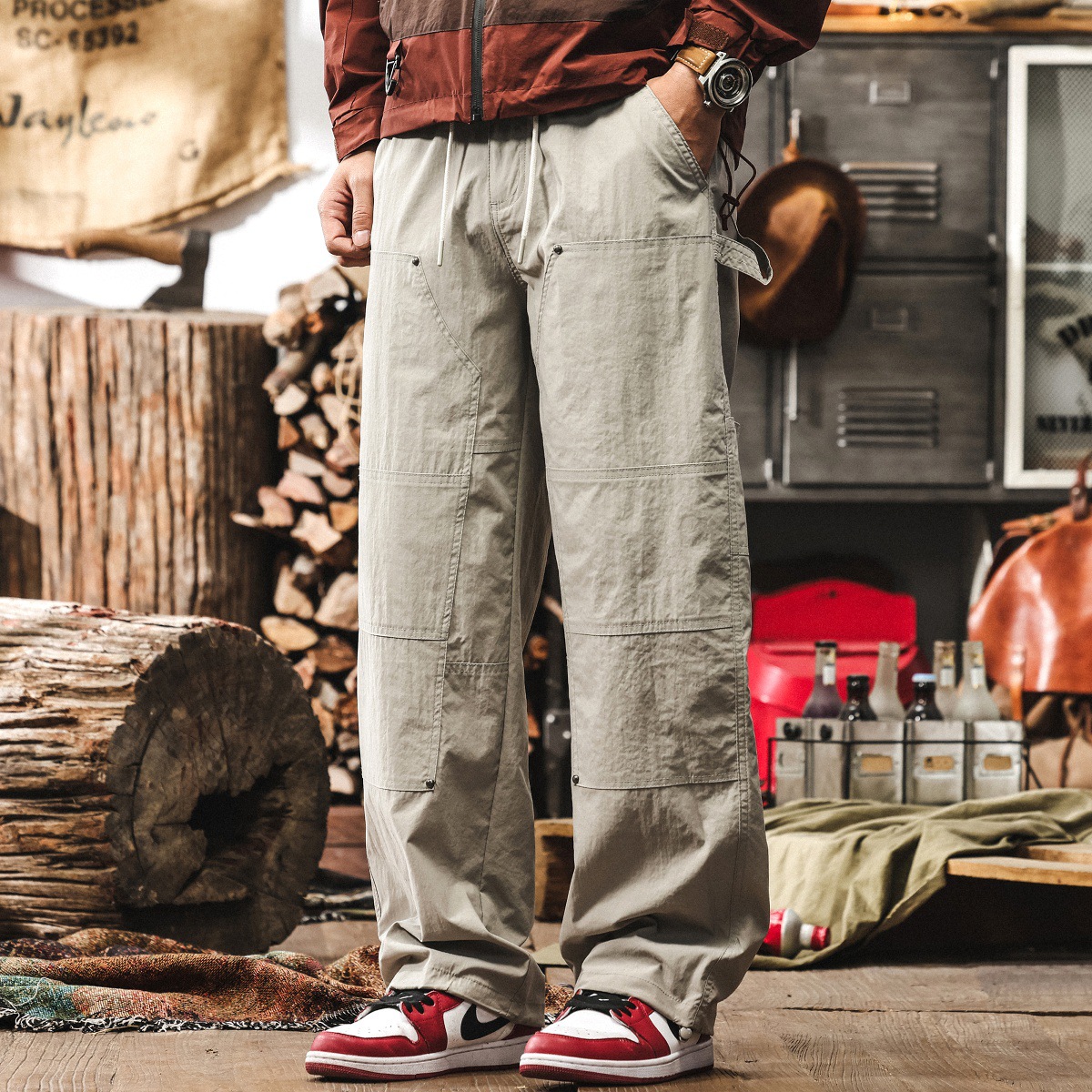 美式復古戶外工裝夏季薄款褲子男寬鬆闊腿褲淺灰色男士休閒伐木褲