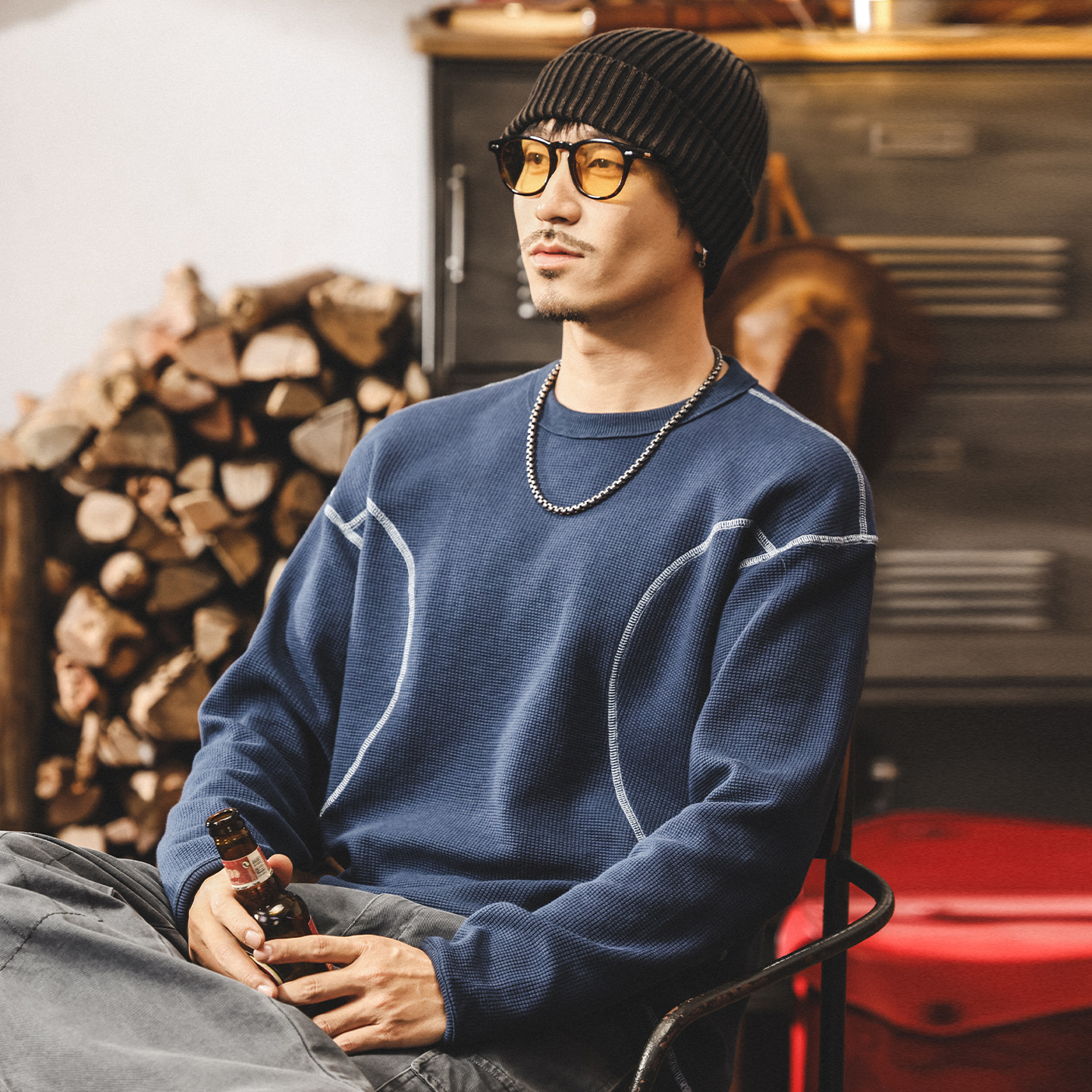 美式復古重磅衛衣男春秋2025新款潮牌華夫格長袖t恤秋季男士上衣