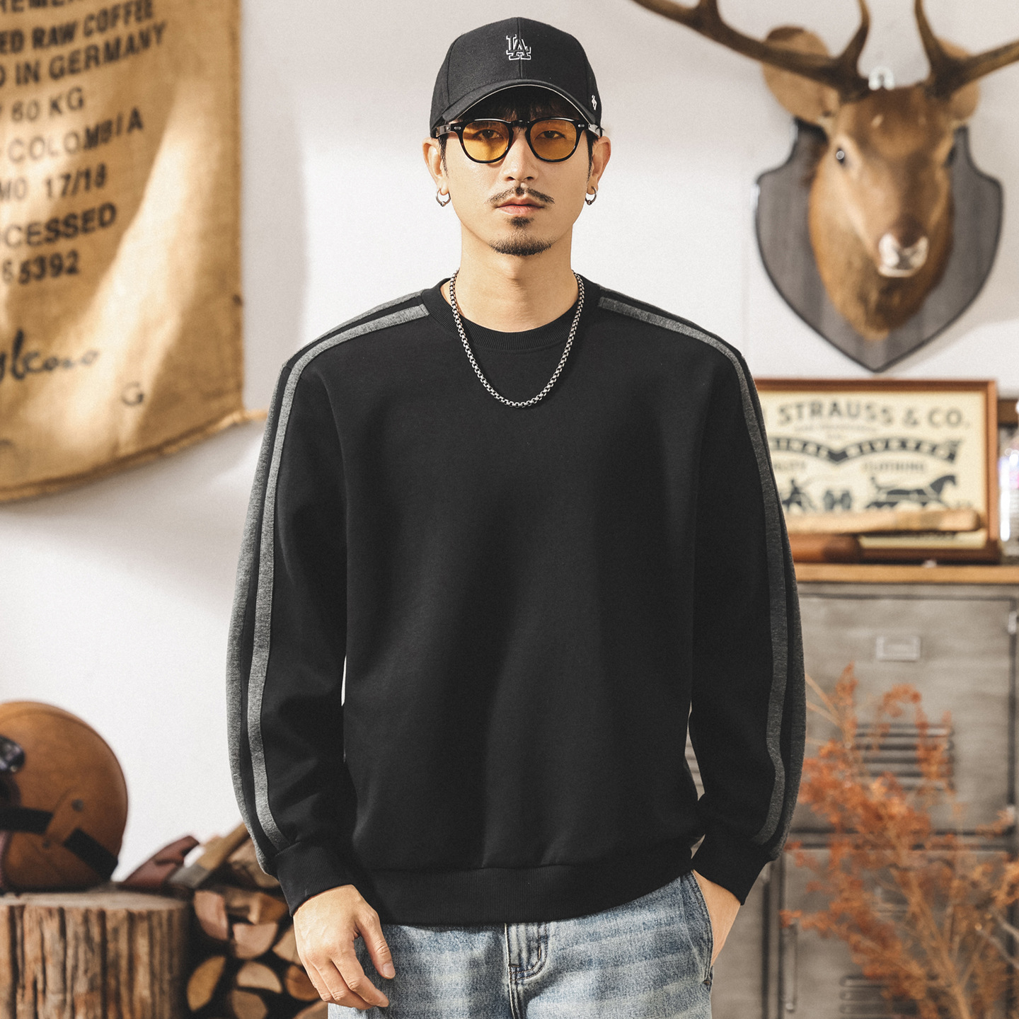 美式復古圓領撞色重磅衛衣男春秋款潮牌設計感拼接寬鬆秋季上衣男