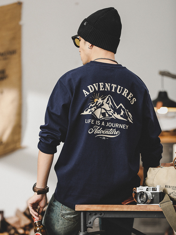 春季新款260g重磅T恤男長袖戶外山系印花2024年潮牌男士上衣