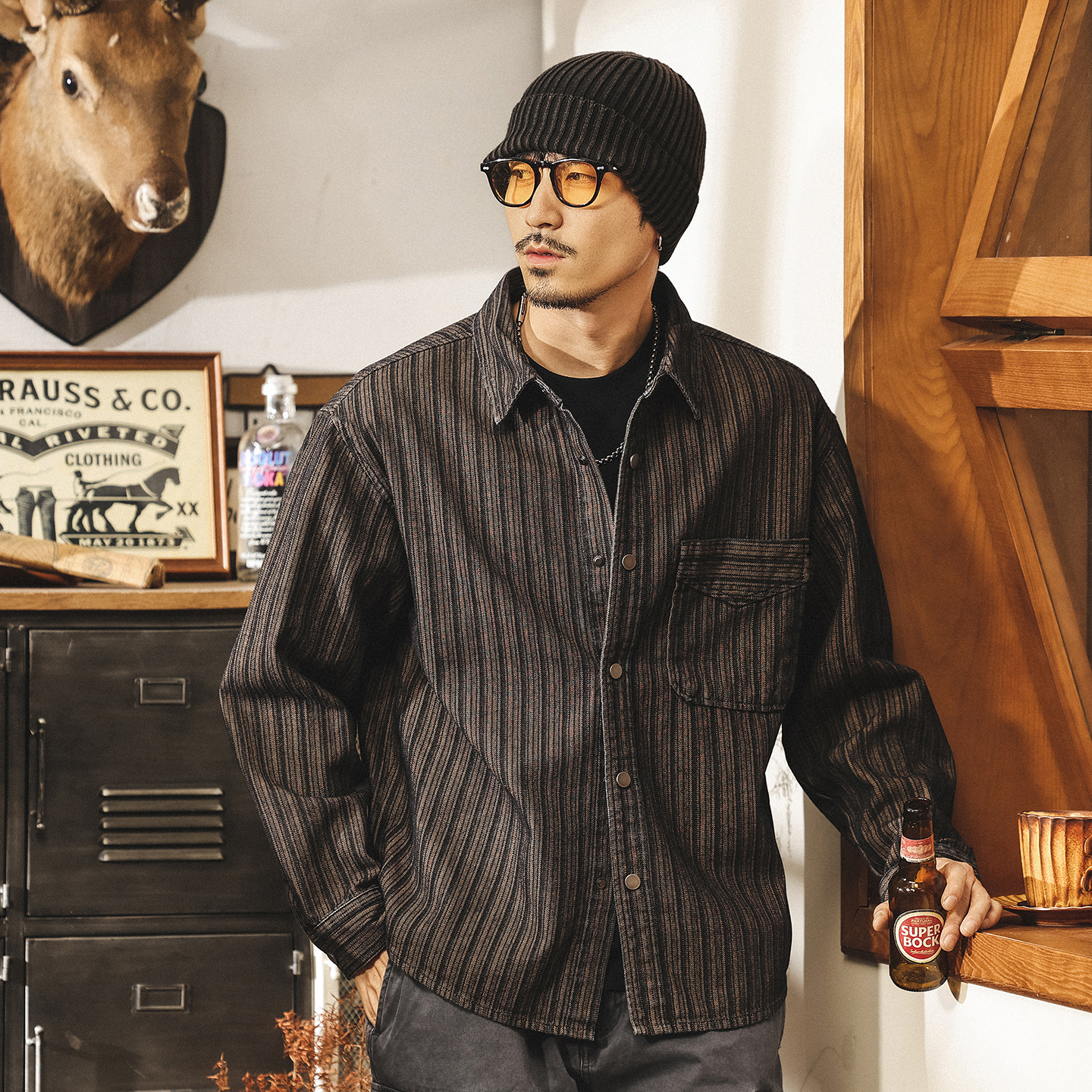 美式復古咖色條紋襯衫男長袖秋季潮牌寬鬆休閒外套男春秋新款襯衣