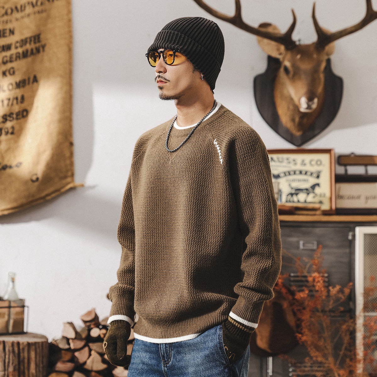 美式復古重磅假兩件毛衣男加厚冬季保暖毛線衣圓領寬鬆男士針織衫