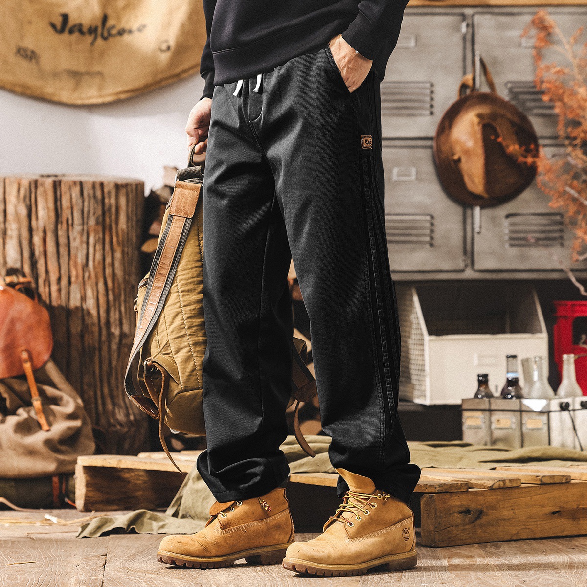 美式復古三條杠條紋加絨工裝褲子男直筒冬季加厚潮牌寬鬆休閒褲男