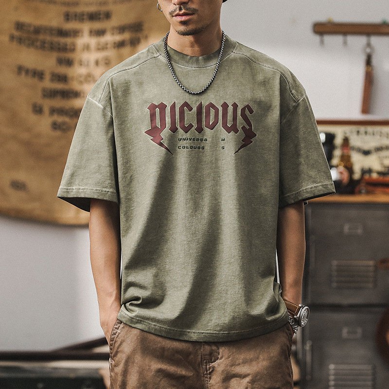 杰雷諾美式重磅水洗做舊T恤男短袖夏季寬鬆體恤臟染印花上衣