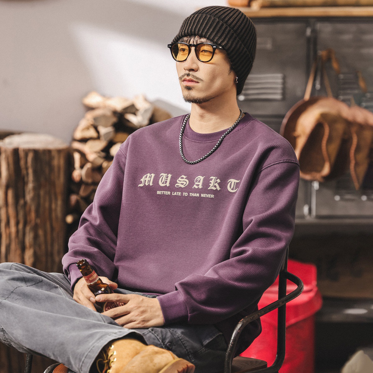 美式復古重磅衛衣男春秋新款潮流印花上衣寬鬆休閒紫色長袖男t恤