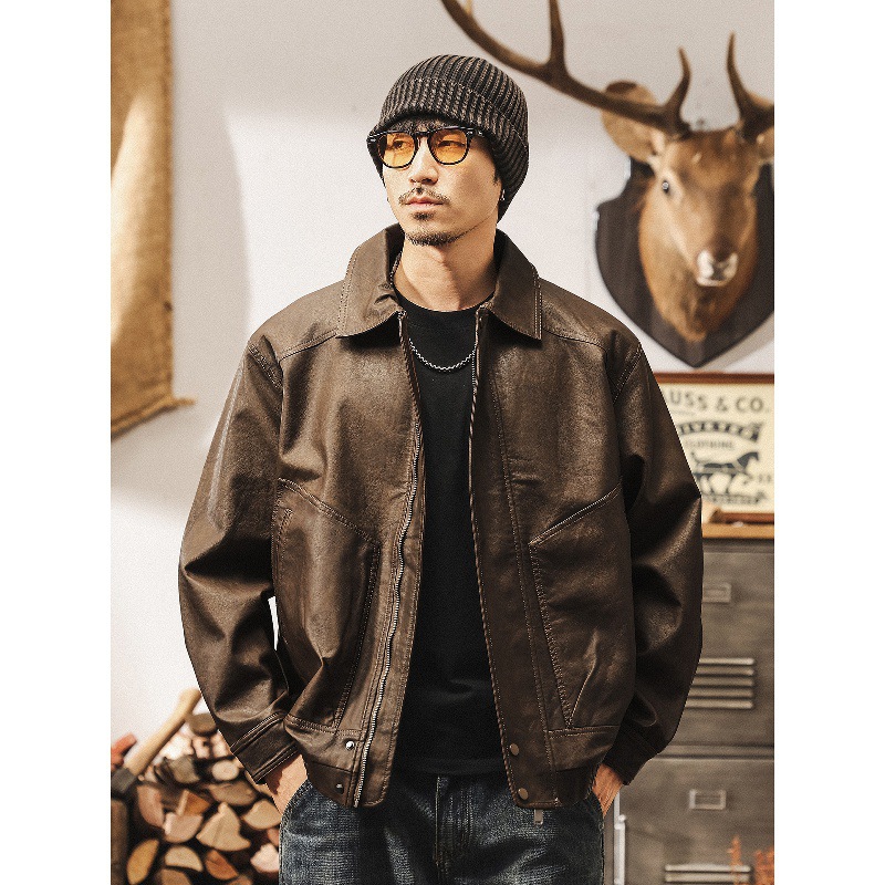 美式復古秋季皮夾克男2025新款寬鬆潮牌機車春秋款水洗皮衣外套男