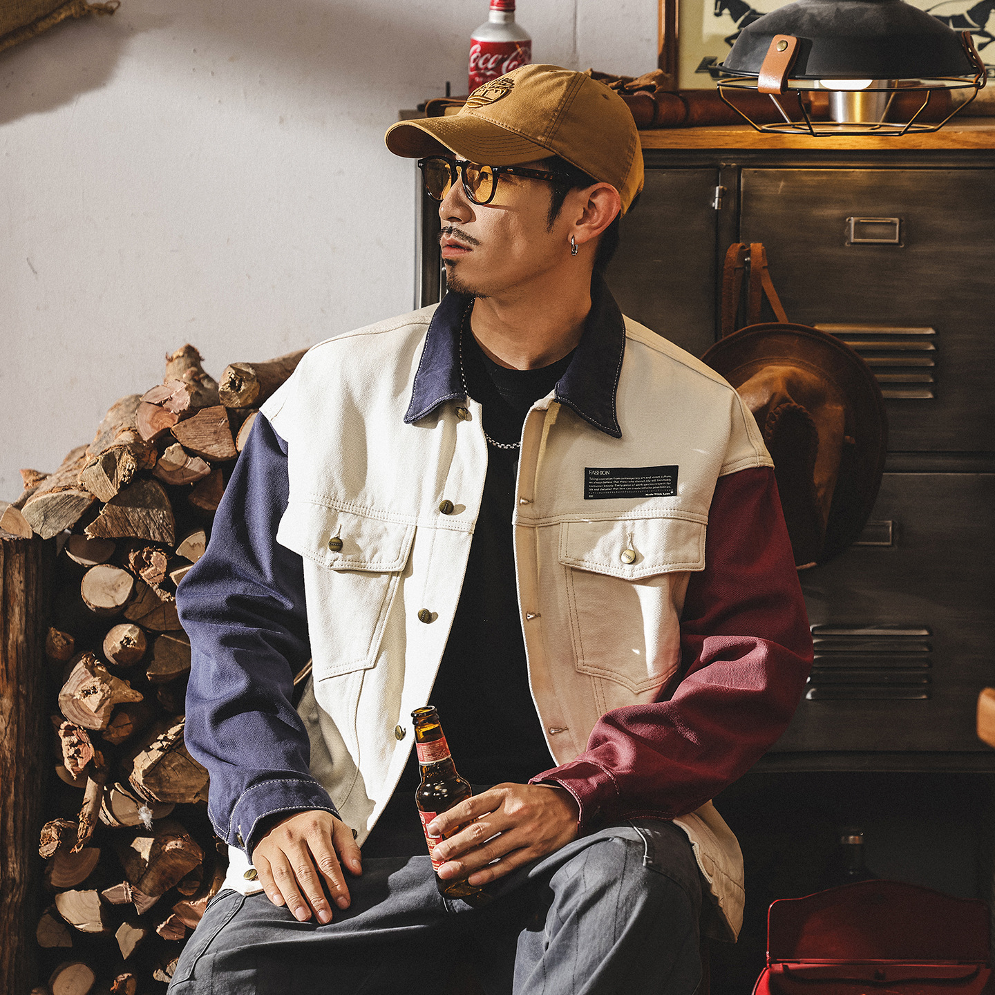 美式復古工裝外套男秋春2025新款潮牌帥氣拼接撞色寬鬆夾克男秋季