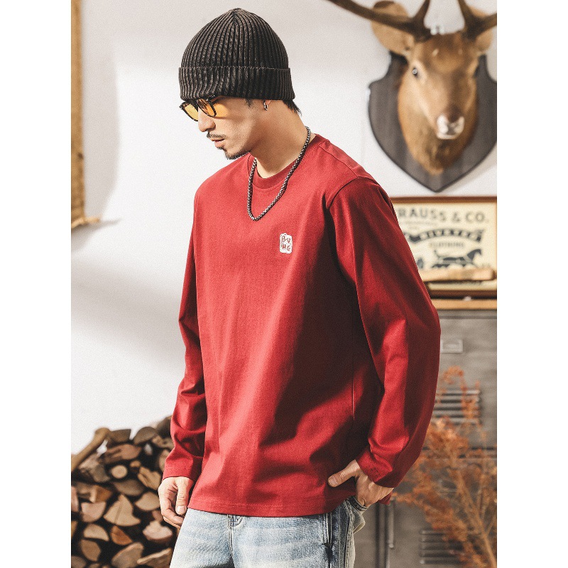 美式復古酒紅色男士t恤長袖春秋新款寬鬆簡約260g重磅打底衫男潮T
