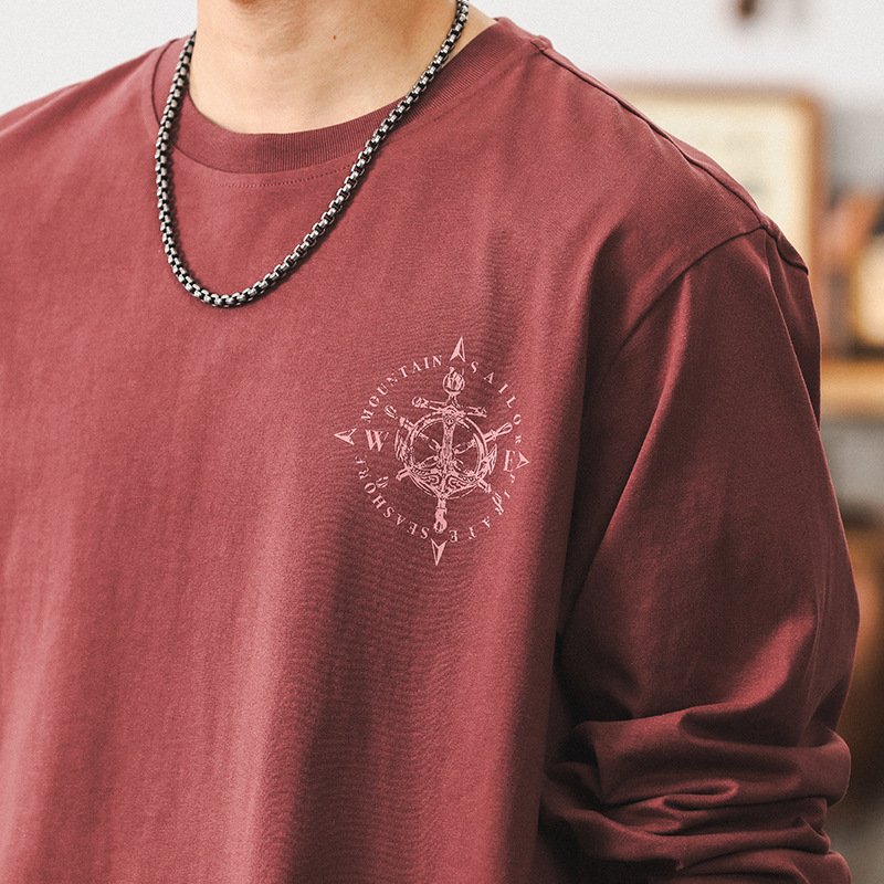 杰雷諾美式復古酒紅色長袖T恤男寬鬆重磅秋季大碼休閒男裝上衣潮