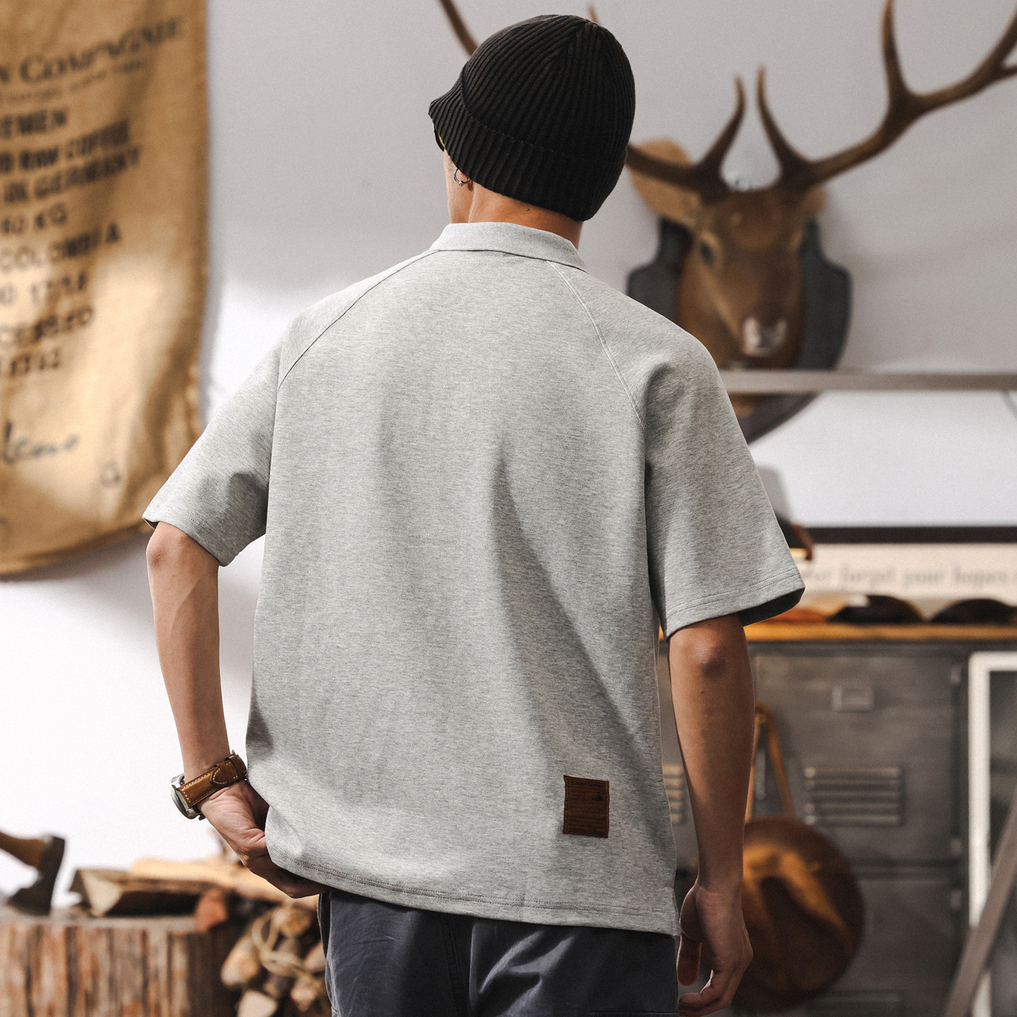 美式復古灰色短袖POLO衫男士夏季新款300g重磅t恤空氣層潮牌上衣