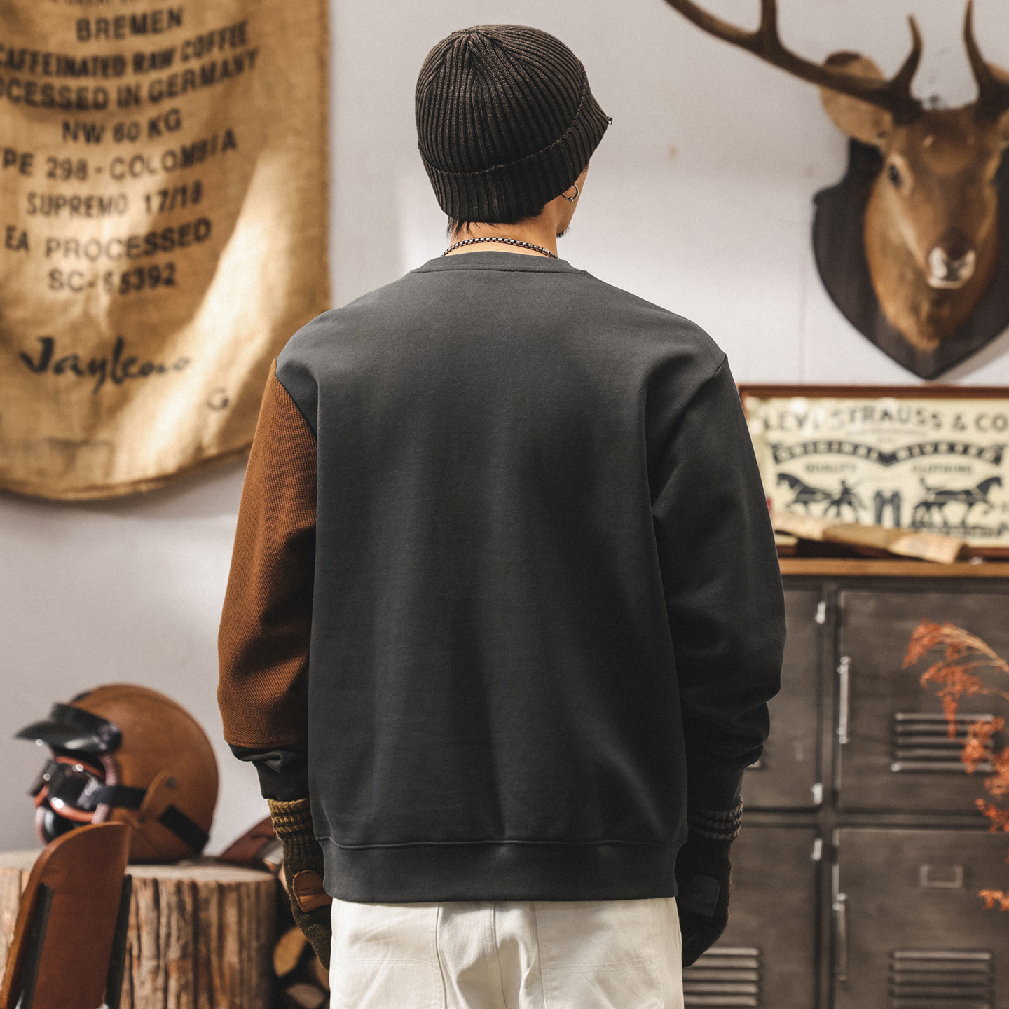 美式復古重磅衛衣男春秋款潮牌拼接結構撞色寬鬆男士上衣秋季外套